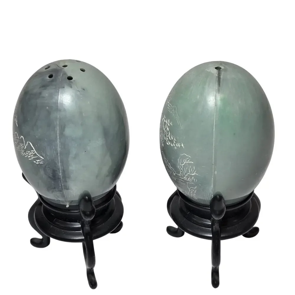 Vintage Hong Kong Faux Jade Egg Salt & Pepper Shakers Asian Landscape w/ Stands